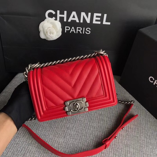 Chanel Le Boy Flap Shoulder Bag Original Calf leather A67085 Bright red silver Buckle