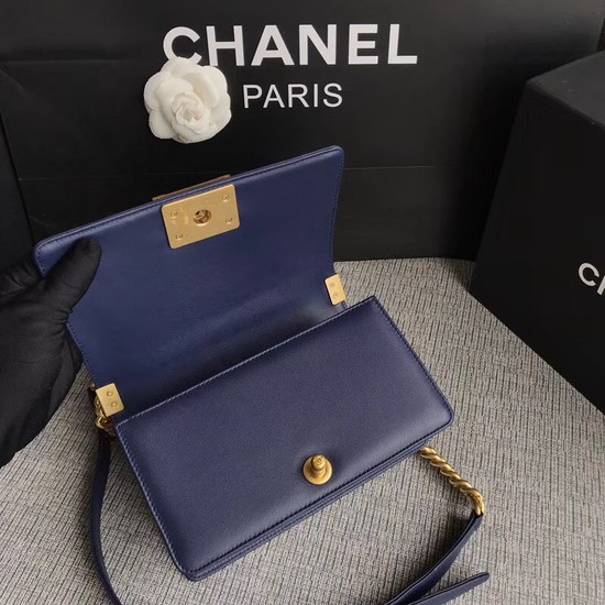 Chanel Le Boy Flap Shoulder Bag Original Calf leather A67085 dark blue Gold Buckle