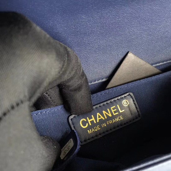 Chanel Le Boy Flap Shoulder Bag Original Calf leather A67085 dark blue Gold Buckle