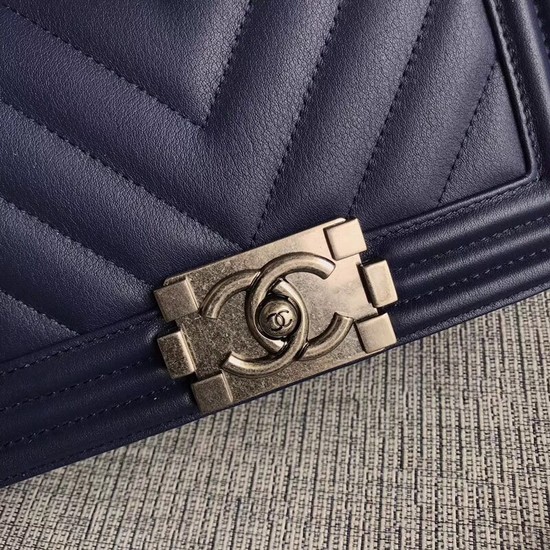 Chanel Le Boy Flap Shoulder Bag Original Calf leather A67085 dark blue silver Buckle