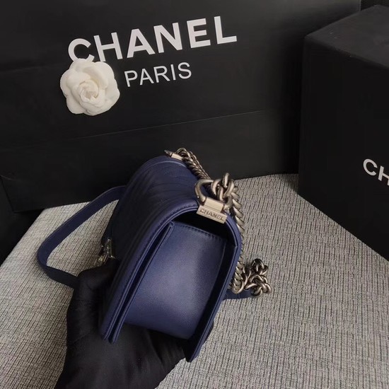 Chanel Le Boy Flap Shoulder Bag Original Calf leather A67085 dark blue silver Buckle