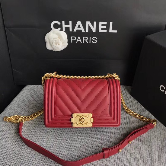 Chanel Le Boy Flap Shoulder Bag Original Calf leather A67085 deep red Gold Buckle