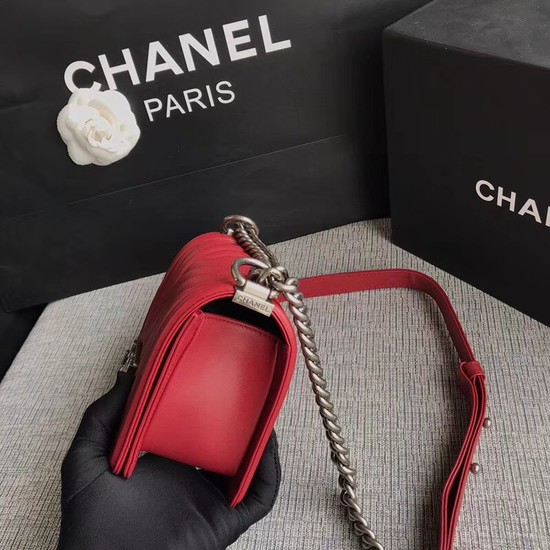 Chanel Le Boy Flap Shoulder Bag Original Calf leather A67085 deep red silver Buckle