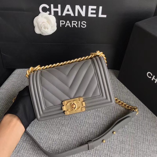 Chanel Le Boy Flap Shoulder Bag Original Calf leather A67085 grey Gold Buckle