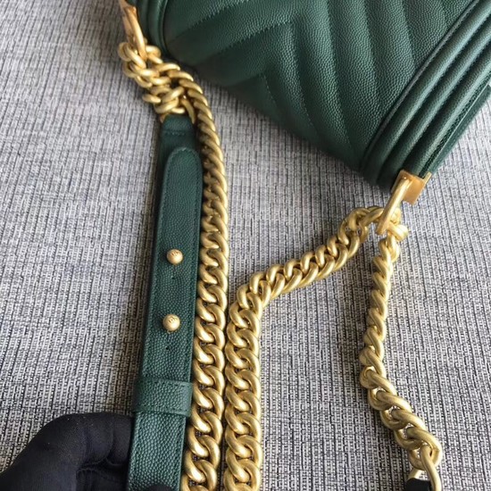 Chanel Le Boy Flap Shoulder Bag Original Caviar Leather P67085 Blackish green Gold Buckle