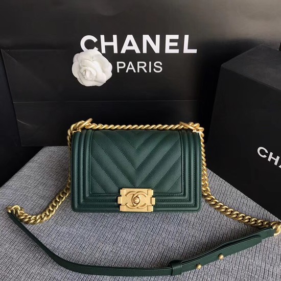 Chanel Le Boy Flap Shoulder Bag Original Caviar Leather P67085 Blackish green Gold Buckle