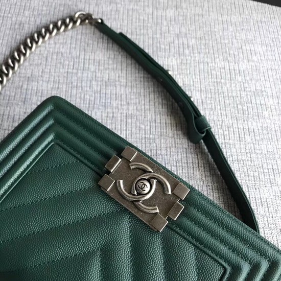 Chanel Le Boy Flap Shoulder Bag Original Caviar Leather P67085 Blackish green silver Buckle