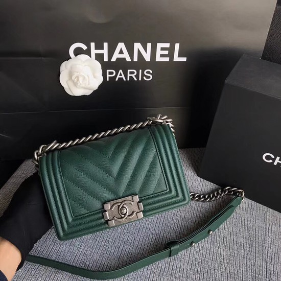 Chanel Le Boy Flap Shoulder Bag Original Caviar Leather P67085 Blackish green silver Buckle