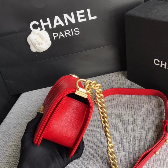Chanel Le Boy Flap Shoulder Bag Original Caviar Leather P67085 Cherry Gold Buckle