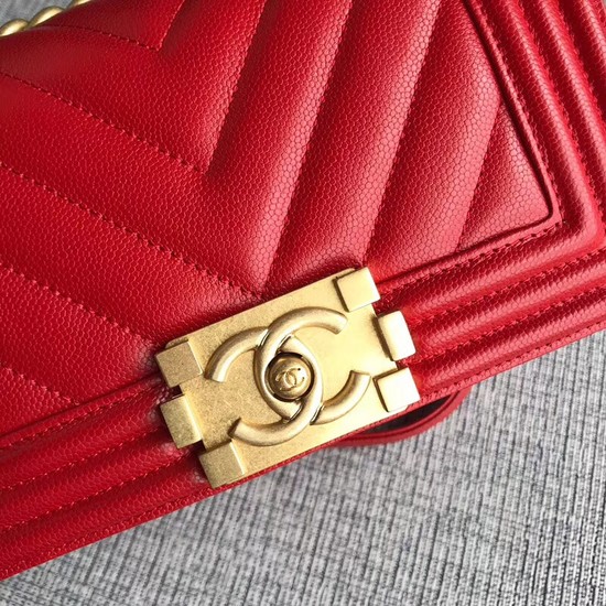 Chanel Le Boy Flap Shoulder Bag Original Caviar Leather P67085 Cherry Gold Buckle