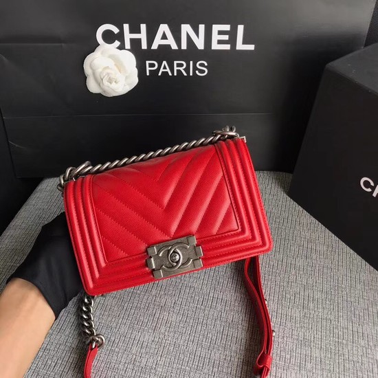 Chanel Le Boy Flap Shoulder Bag Original Caviar Leather P67085 Cherry silver Buckle