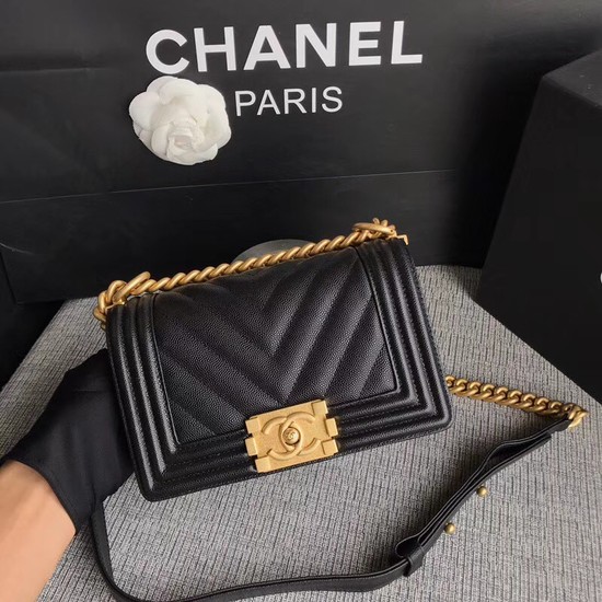 Chanel Le Boy Flap Shoulder Bag Original Caviar Leather P67085 black Gold Buckle