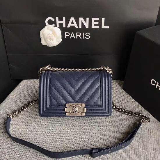 Chanel Le Boy Flap Shoulder Bag Original Caviar Leather P67085 dark blue silver Buckle