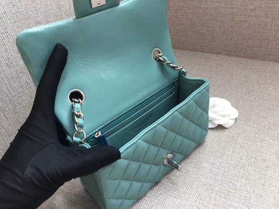 Chanel Classic MINI Flap Bag original Sheepskin Leather A1116 Light blue silver chain