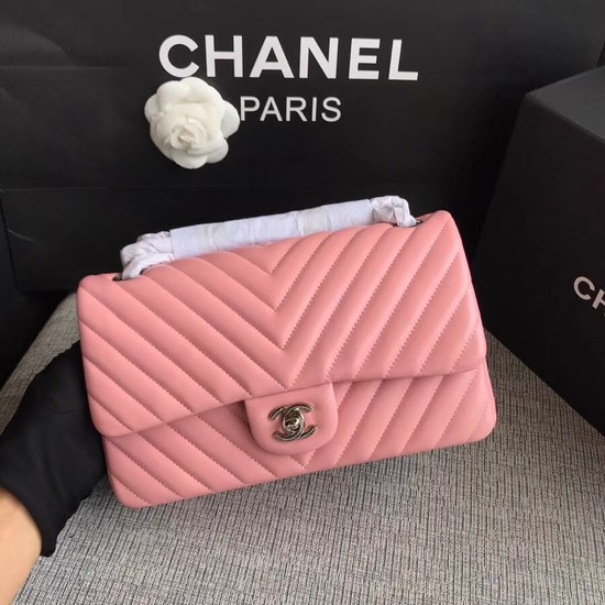 Chanel Flap Original Lambskin Leather Shoulder Bag 1112V Cherry Pink silver chain