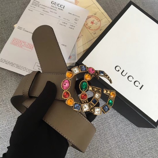 Gucci Leather belt with crystal Double G buckle 513184 grey
