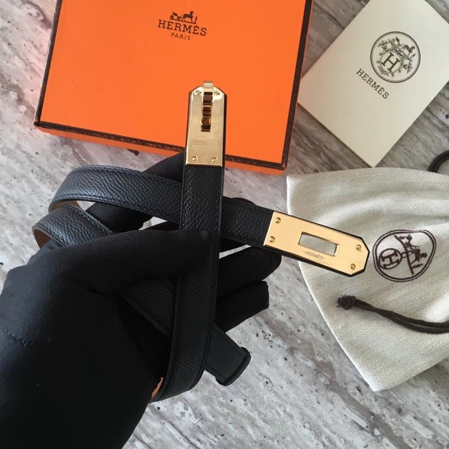 Hermes original epsom leather Kelly belt H069854 black gold plated metal