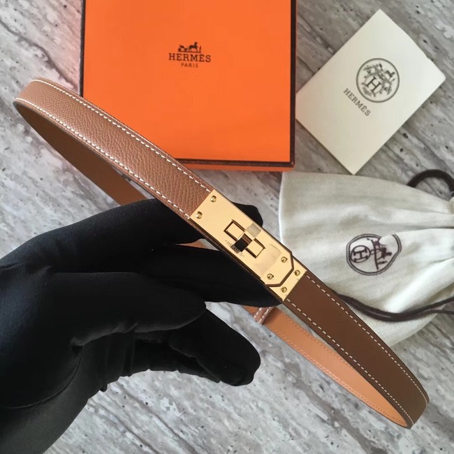 Hermes original epsom leather Kelly belt H069854 brown gold plated metal