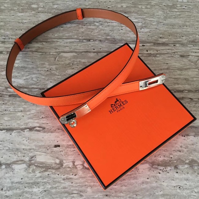 Hermes original epsom leather Kelly belt H069854 orange silver plated metal
