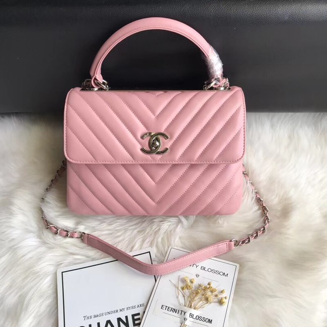 Chanel CC original lambskin top handle flap bag 92236V pink Silver Buckle