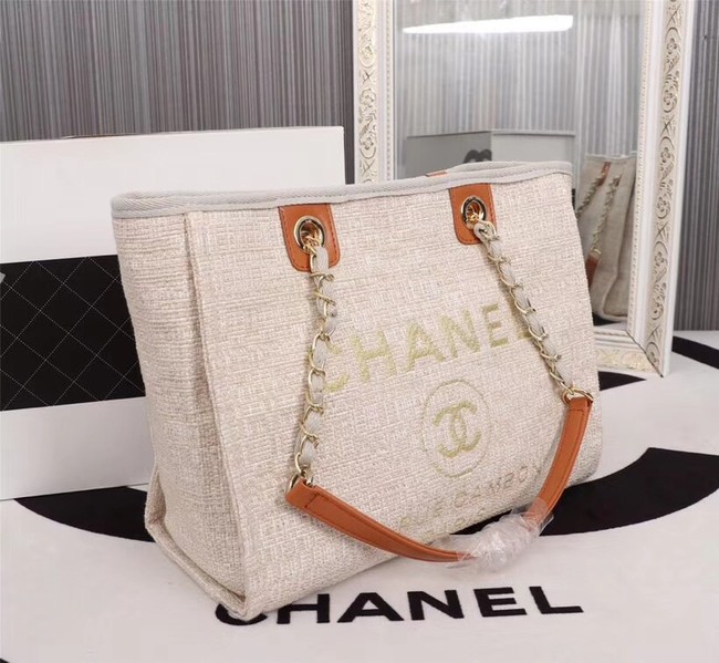 Chanel Canvas Shopping Bag Calfskin & Silver-Tone Metal A23556 creamy