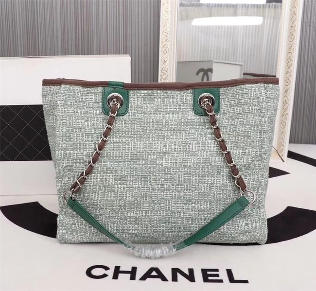 Chanel Canvas Shopping Bag Calfskin & Silver-Tone Metal A23556 green