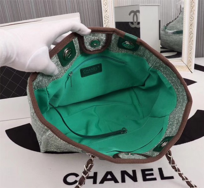 Chanel Canvas Shopping Bag Calfskin & Silver-Tone Metal A23556 green