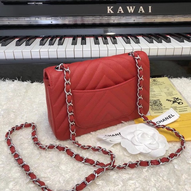 Chanel Small Classic Handbag Grained Calfskin & silver-Tone Metal A69900 red