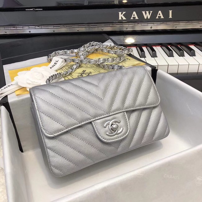 Chanel Small Classic Handbag Grained Calfskin & silver-Tone Metal A69900 silver