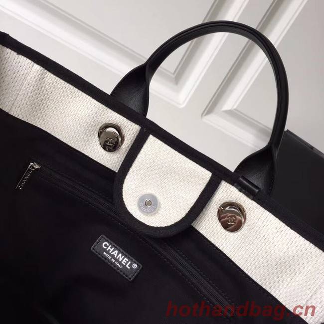 Chanel Original Tote Shopping Bag Canvas Calfskin & Silver-Tone Metal 92298 white