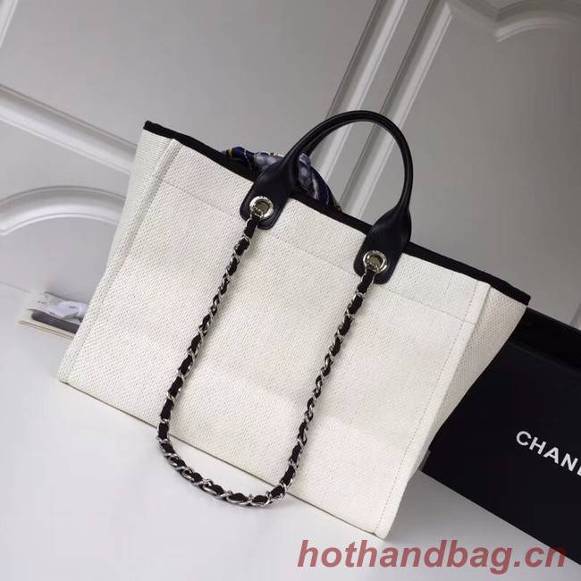 Chanel Original Tote Shopping Bag Canvas Calfskin & Silver-Tone Metal 92298 white