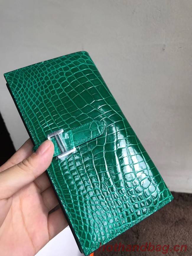 Hermes 100% genuine crocodile leather kelly Wallet 33569 green