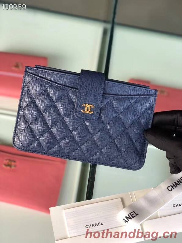 Chanel classic pouch Grained Calfskin & Gold-Tone Metal A81902 blue