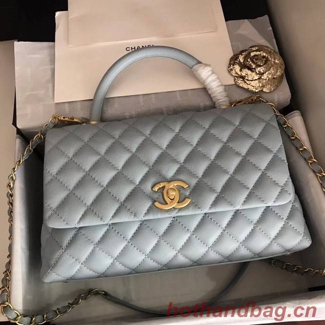 Chanel original Caviar leather flap bag top handle A92292 light blue&Gold-Tone Metal