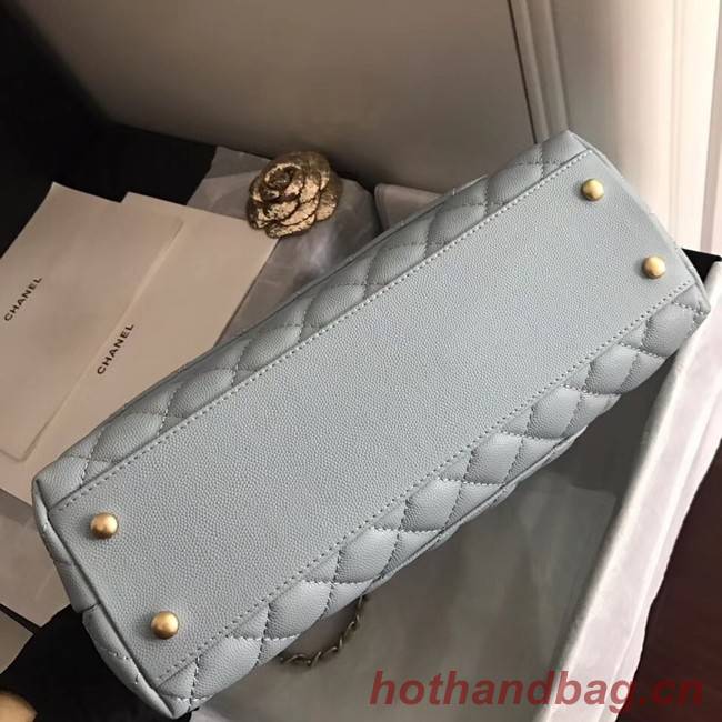 Chanel original Caviar leather flap bag top handle B92292 light blue&Gold-Tone Metal