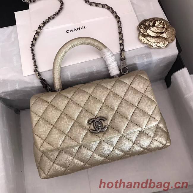 Chanel original Caviar leather flap bag top handle A92290 Light gold&silver-Tone Metal