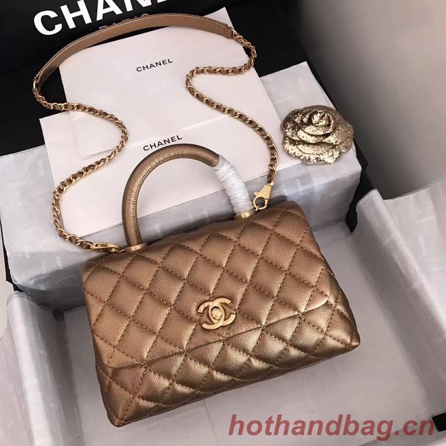 Chanel original Caviar leather flap bag top handle A92290 bronze&Gold-Tone Metal