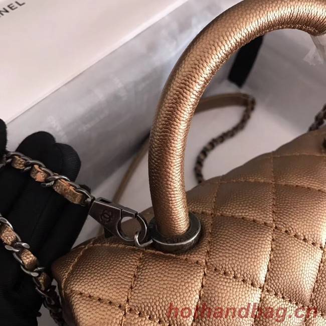 Chanel original Caviar leather flap bag top handle A92290 bronze&silver-Tone Metal