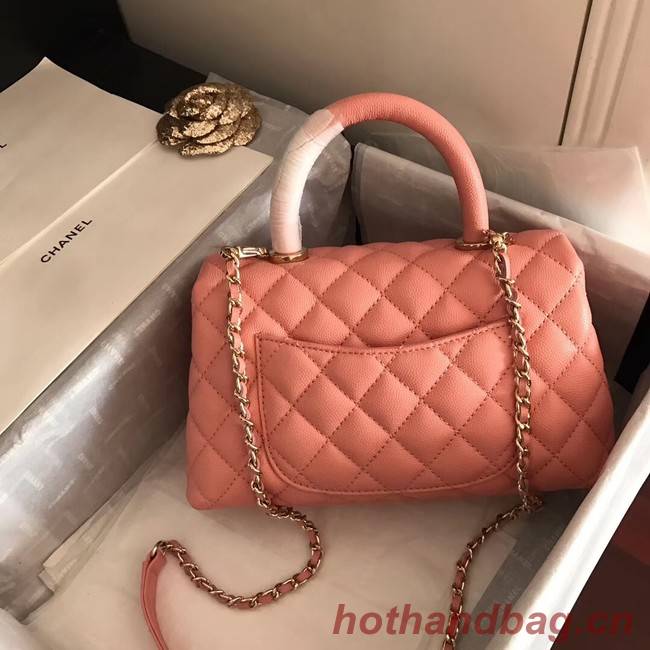 Chanel original Caviar leather flap bag top handle A92290 pink&Gold-Tone Metal