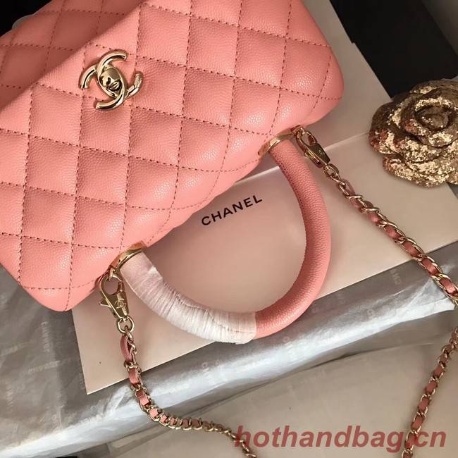 Chanel original Caviar leather flap bag top handle A92290 pink&Gold-Tone Metal