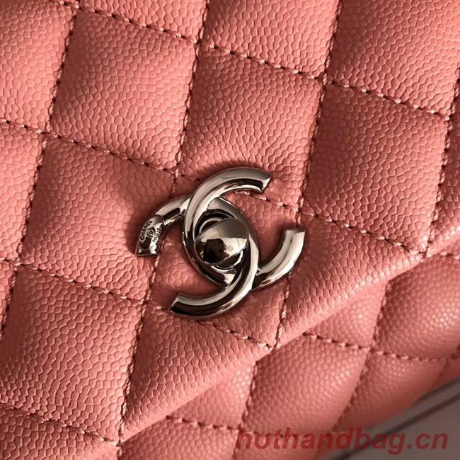 Chanel original Caviar leather flap bag top handle A92290 pink&silver-Tone Metal
