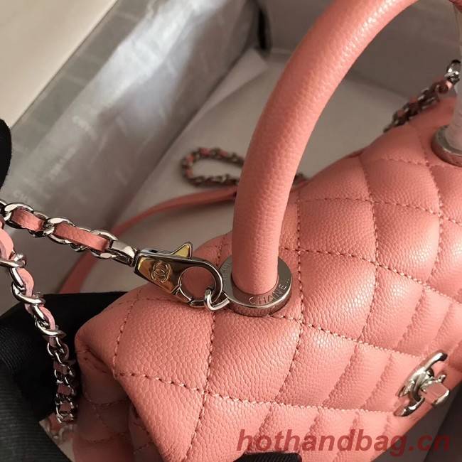 Chanel original Caviar leather flap bag top handle A92290 pink&silver-Tone Metal