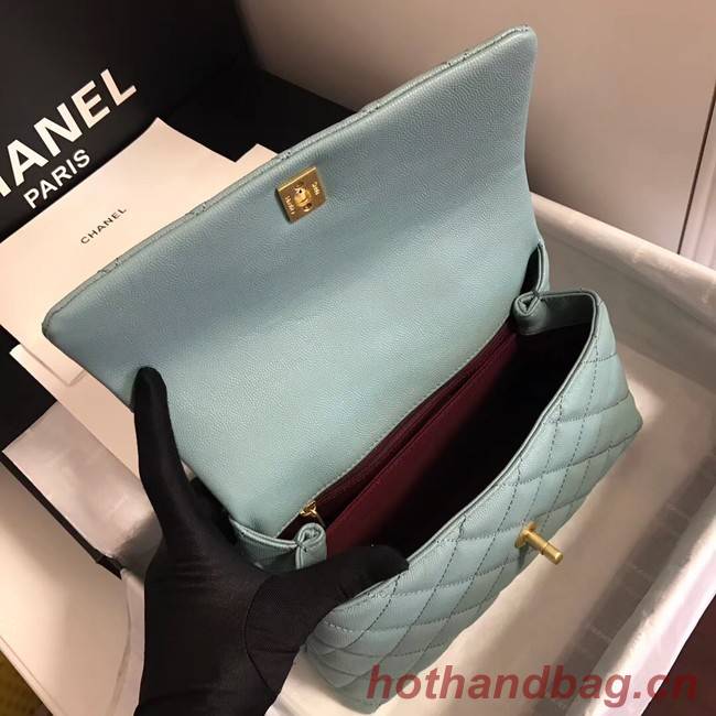 Chanel original Caviar leather flap bag top handle A92290 green &gold-Tone Metal