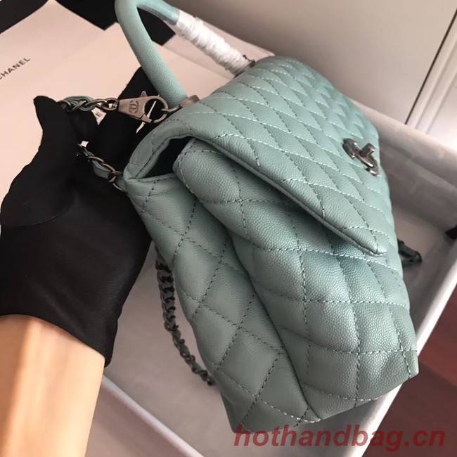 Chanel original Caviar leather flap bag top handle A92292 green &Silver-Tone Metal