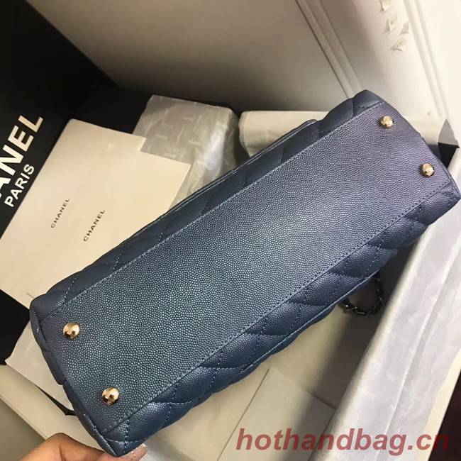Chanel original Caviar leather flap bag top handle A92292 blue&Gold-Tone Metal