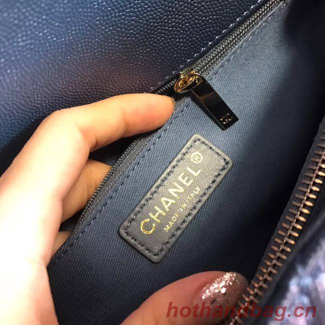 Chanel original Caviar leather flap bag top handle A92292 blue&Gold-Tone Metal