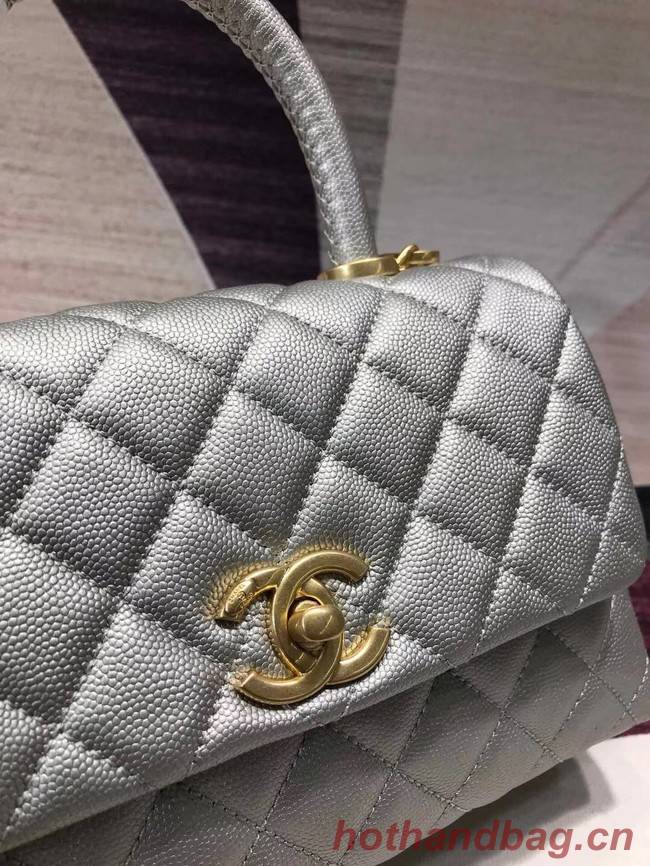 Chanel original Caviar leather flap bag top handle A92290 silvery &gold-Tone Metal