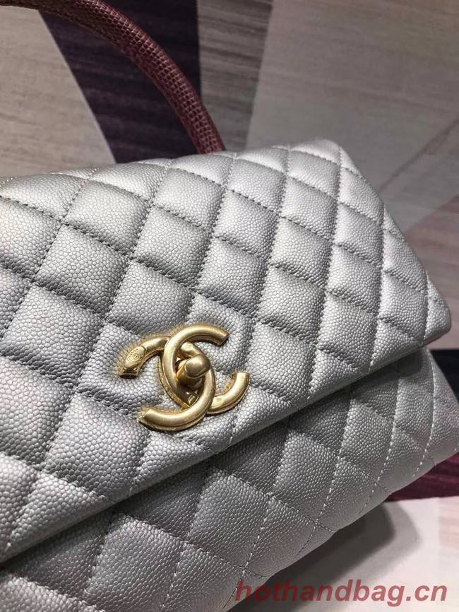 Chanel original Caviar leather flap bag top handle B92291 silvery &gold-Tone Metal