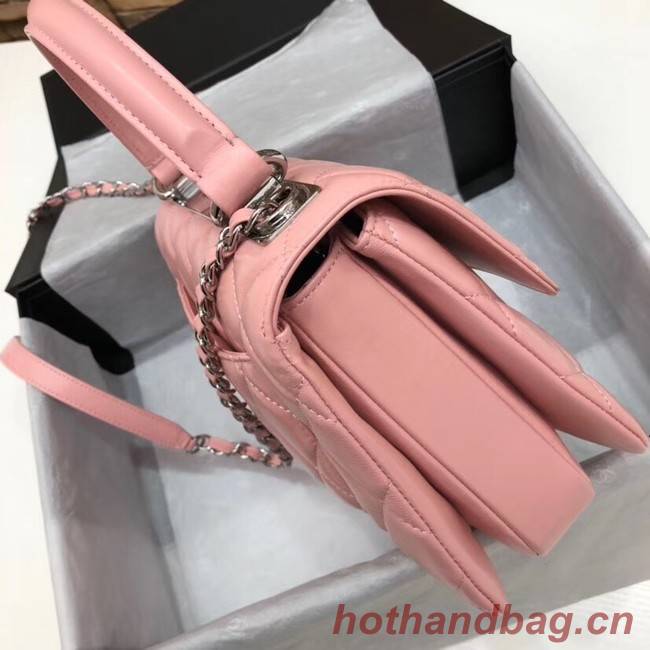 Chanel CC original lambskin top handle flap bag 92236 pink&silver-Tone Metal