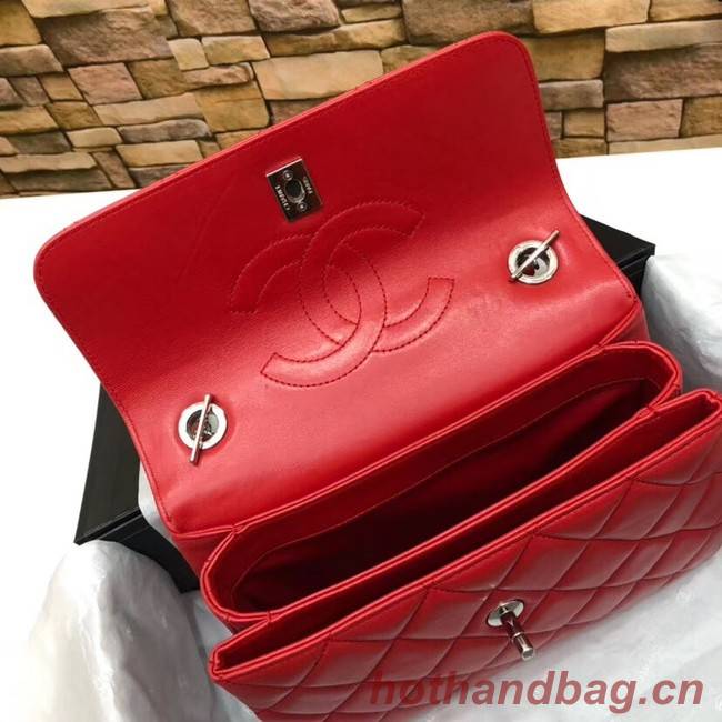 Chanel CC original lambskin top handle flap bag 92236 red&silver-Tone Metal